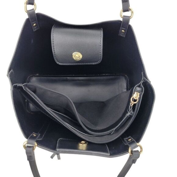 Nanette Lepore Black Vegan Faux Leather Tote Bag Multiple Pockets Shoulder Large - Picture 6 of 11